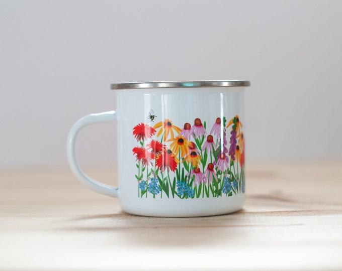 Wildflower and Bumblebee ENAMEL Coffee Mug | Meadow Coffee Mug | 10oz Coffee Mug | Nature Lover | Gift for Gardener | Camp Mug