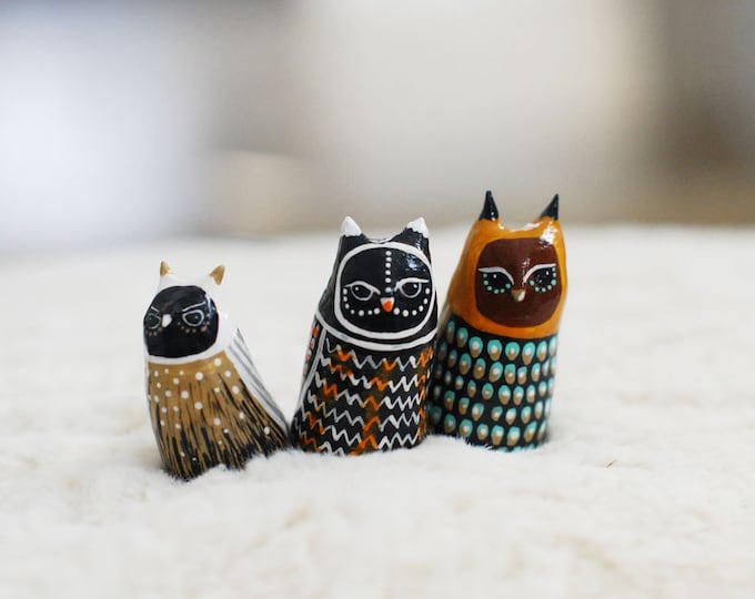 Owl Studies 19, 20, 21 / Great Horned Owl Totem / Colorful / Geometric / Modern Art Figurine