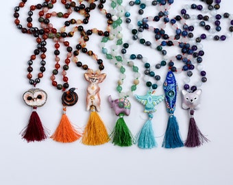 Custom Gemstone Mala Necklace: Hand-Painted Animal Guru Bead