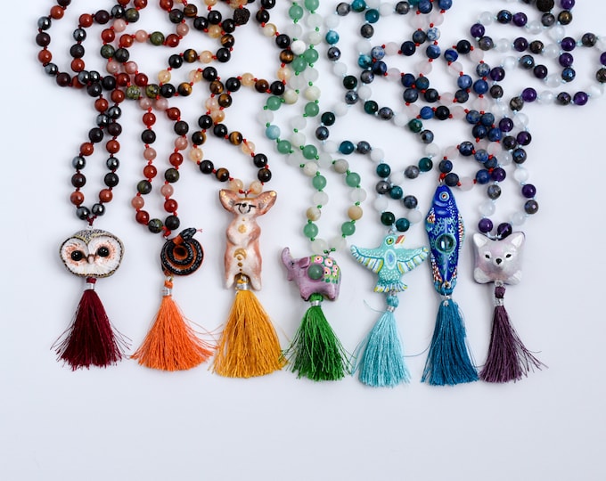 CUSTOM Sacred Mala Necklace | Choose your Gemstone Beads | Choose your Animal Guru Bead