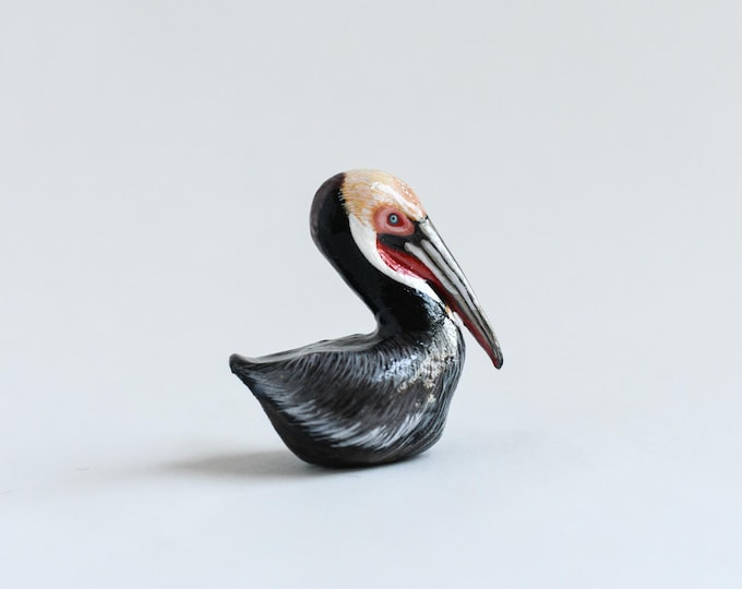 Handmade Brown Pelican Figurine: Acrylic Painted Polymer Clay Sculpture