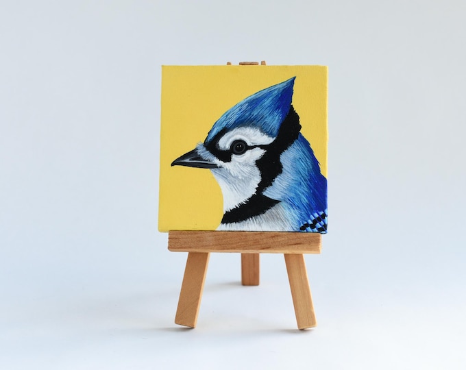 Blue Jay Painting: Original Acrylic Bird Art (3x3)