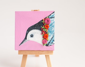 White-Breasted Nuthatch Painting | with Embroidered Flowers | Song Bird Painting | 3x3 | Acrylic | Original Painting | Mixed Media Painting