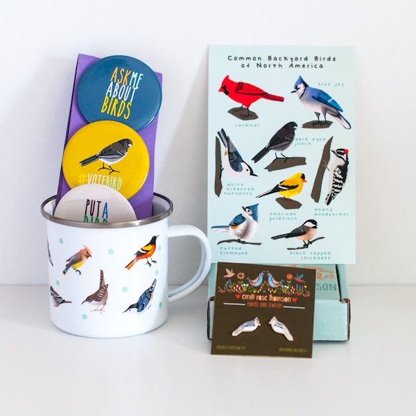 The Bird Nerd Gift Set: The Practical Bird Collection | Choose Your Earrings with Enamel Coffee Mug, Pins, and Card!