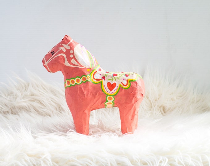 Pink Dala Horse | Scandinavian Folk Art | Swedish Dala Horse | Paper Mache Art