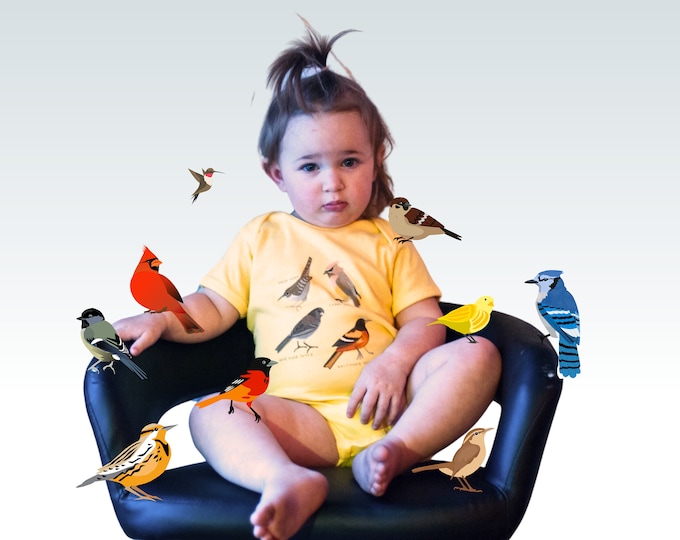 Song Bird Baby Onesie | Butter Yellow Onesie Featuring Wren, Oriole, Waxwing, Junco | For 6mo, 12mo, 18mo