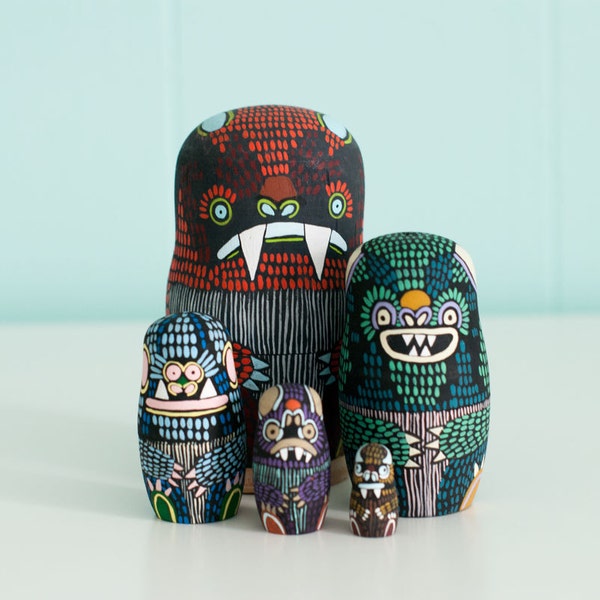 Monster Nesting Dolls / Matryoshka Russian Dolls / Set of 5 / Colorful / Geometric / Art Dolls