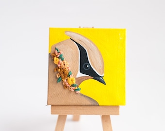 Peinture de cire de cèdre | avec couronne de fleurs brodée | Peinture d’oiseaux chanteurs | | 3x3 | acrylique Peinture originale | Peinture mixte