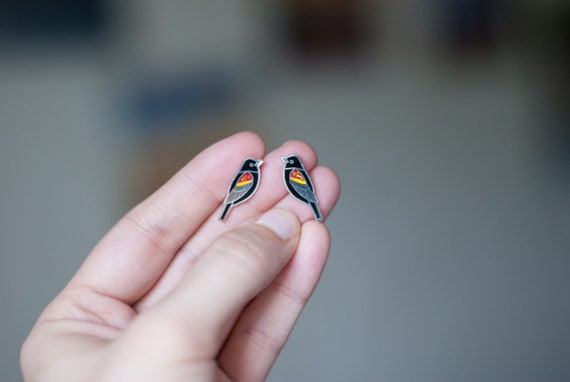Redwing Blackbird Earrings | Enamel Jewelry | Stud Earrings | Song Bird | Post Earrings | Bird Jewelry
