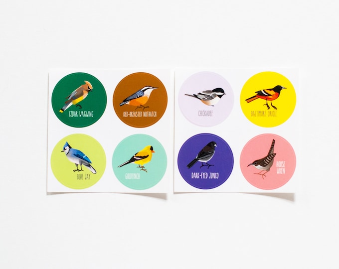 Round Song Bird Stickers | 8 Colorful Songbird Stickers | 1.5" Round Glossy Bird Stickers