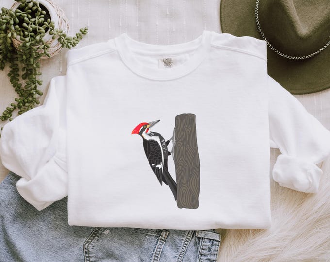 Comfort Color Sweatshirt | Bird Sweatshirt | PILEATED WOODPECKER on White | Crew Neck Sweatshirt for Nature Lovers | 1566 | Bird Nerd Gift