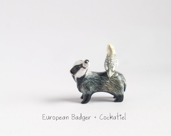 European Badger + Cockatiel: Best Friends Animal Collection | Clay Animal Figurines