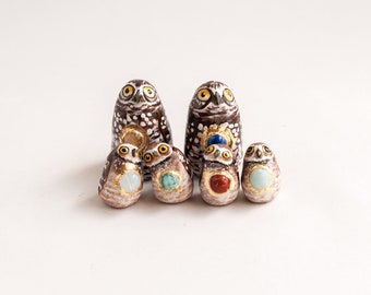 CUSTOM Parent and Babies Burrowing Owl Talisman | Choose Your Gemstones | Owl Figurines | Birthstone Gift | Choose Multiple Babies