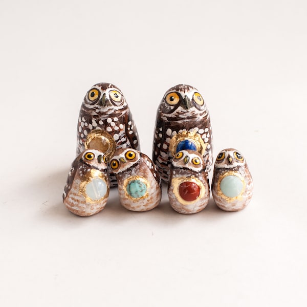 CUSTOM Parent and Babies Burrowing Owl Talisman | Choose Your Gemstones | Owl Figurines | Birthstone Gift | Choose Multiple Babies