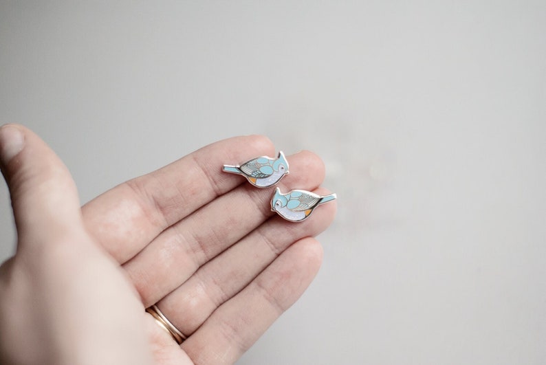 Titmouse Bird Enamel Stud Earrings Tufted Titmouse Nature Inspired Gift Unique Gift for Mom Cute Birdie Earrings Handmade Gift image 1