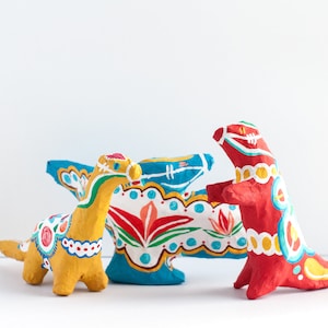 Dala Dinosaur Paper Mache Sculptures Set of Three Folk Art Dinosaurs Paper Mache Dinosaur Sculpture image 1