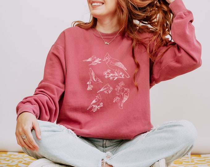 Bird Sweatshirt | Backyard Birds Sweater | Comfort Colors | Bird Species Line Drawing by Emily Rose Thomson | Mother's Day Gift | Minimalist