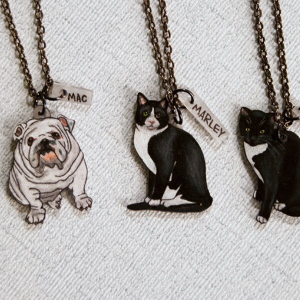 Custom Pet Necklace, Hand Drawn Pet Portrait, Wearable Art, Pet Charm, Shrink Plastic Jewelry,