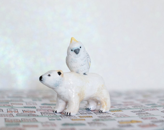 Polar Bear + Cockatoo: Best Friends Animal Collection | Clay Animal Figurine