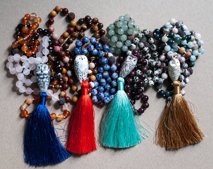 CUSTOM OWL Sacred Mala Necklace | Choose your Gemstone Beads | Choose your Owl Guru Bead