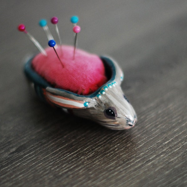 Alice the Rabbit Pin Cushion 1 / Animal Totem / Colorful / Feminine / Soft Sculpture / Polymer Clay / Limited Edition