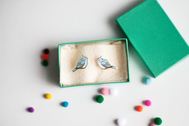 Titmouse Bird Enamel Stud Earrings Tufted Titmouse Nature Inspired Gift Unique Gift for Mom Cute Birdie Earrings Handmade Gift image 4