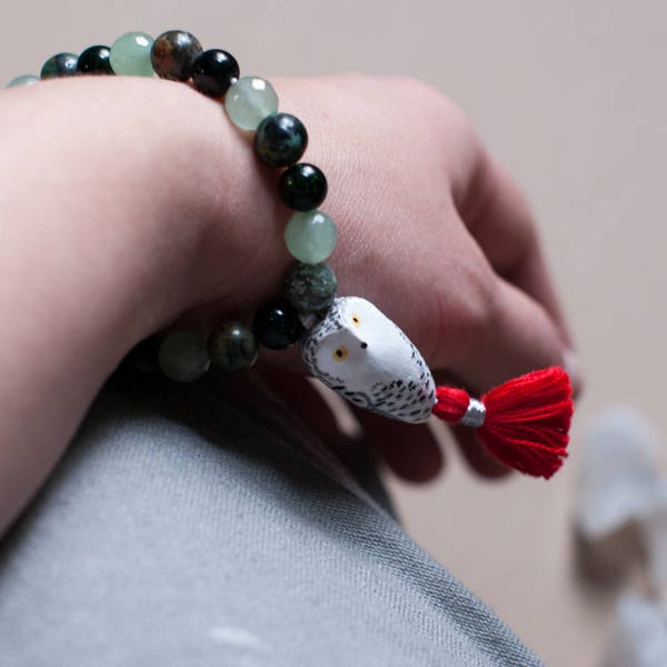 Sacred Snowy Owl Mala Bracelet: Green Goldstone, Aventurine, & African Turquoise | A Creature of One Wilderness