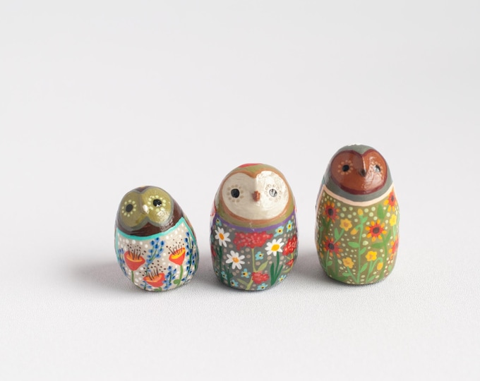 Owl Study 44, 45, 46 / 1 OWL  or SET of 3 / Barn Owl Totem / Owl Study / Colorful / Floral & Botanical / Whimsical Folk Art / Owl Figurine