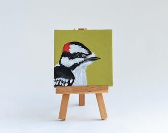 Downy Woodpecker Painting: Original Acrylic Bird Art (3x3)