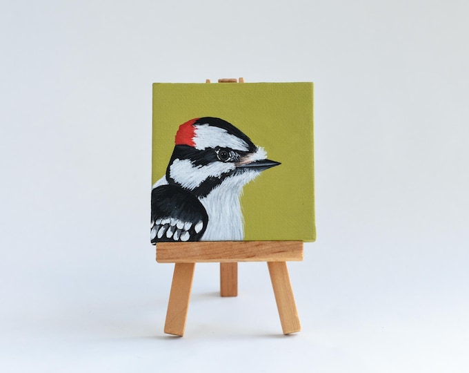 Downy Woodpecker Painting: Original Acrylic Bird Art (3x3)