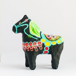 Black Dala Horse | Scandinavian Folk Art | Swedish Dala Horse | Paper Mache Art