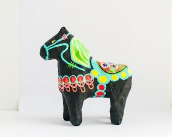 Black Dala Horse | Scandinavian Folk Art | Swedish Dala Horse | Paper Mache Art