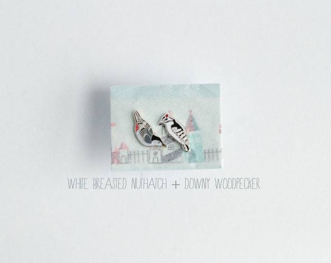 Misfit Enamel Bird Earrings | Nuthatch + Downy Woodpecker | Enamel Jewelry | Stud Earrings | Song Bird | Post Earrings | Bird Jewelry