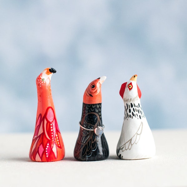 Hand Sculpted Bird Ring Holder: Flamingo, Vulture, or Chicken Clay Jewelry Display