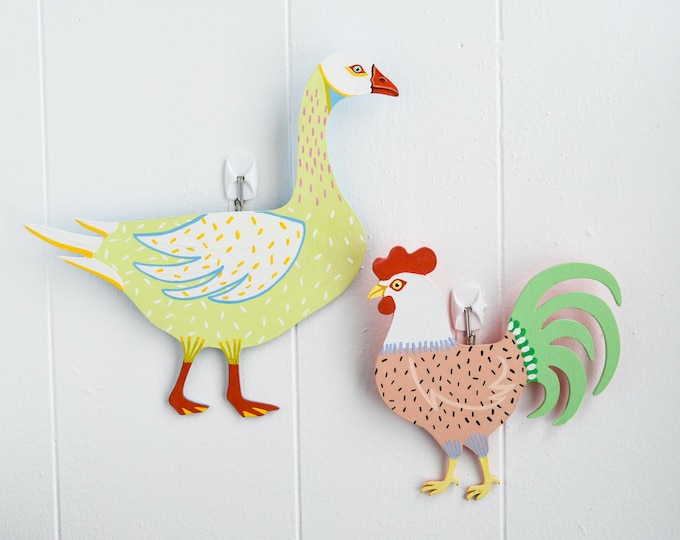 Kitschy Goose & Chicken Wooden Wall Art Set | Bird Wall Hanging | 5" Wooden Bird Wall Hanging | For Bird Nerds | Funny Goose Art