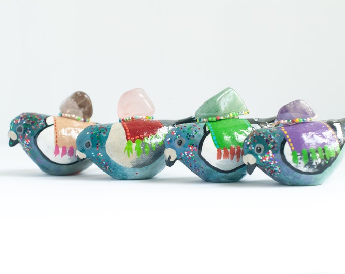 Choose Your Pigeon Study | Pigeon Sculpture with Crystal  | Colorful Paperweight | Art Sculpture