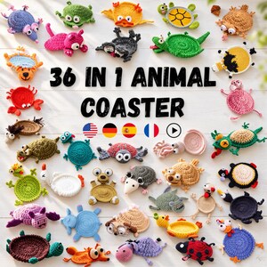 May include: A collection of 36 crocheted animal coasters in various colors and shapes, including turtles, crabs, and frogs. The text 36 IN 1 ANIMAL COASTER is centered in the image, accompanied by small flag icons and a play button symbol.