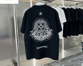 Chrome Hearts Style Metal Cross Horseshoe Drop Shoulder Black T Shirt | Couple Oversized Streetwear Tee | Gothic Unisex Fashion Top