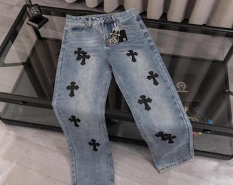 Cross Print Denim Jeans | Streetwear Casual Pants for Men Women