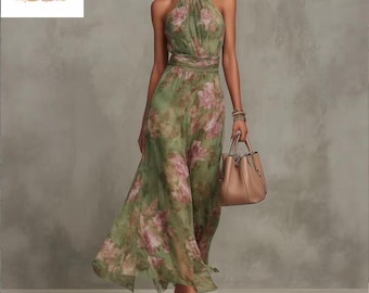 Green Floral Halter Neck Maxi Dress | Boho Chiffon Silk Summer Gown