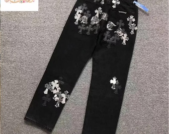 Black Cross Patch Jeans | Gothic Streetwear Denim Pants | Unisex Alternative Fashion Trousers