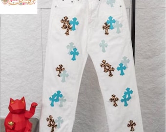 White Cross Patch Jeans | Leopard Blue Patchwork Denim Trousers