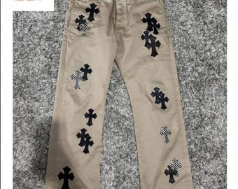 Beige Cross Patch Denim Jeans | Gothic Streetwear Trousers (Unisex)