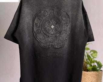 Chrome Sanskrit Embroidered Cross Trendy T Shirt | Luxury Streetwear Fashion Top | Oversized Unisex Gothic Style Tee