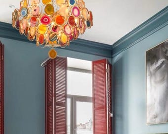 Natural Agate Chandelier, Art Deco Natural Stone Pendant Light Fixture