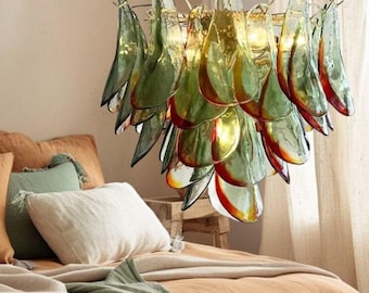 Green Murano Style Glass Petals Chandelier, Italian Design Pendant Light Fixture