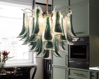 Blue Murano Style Glass Petals Chandelier, Italian Design Pendant Light Fixture
