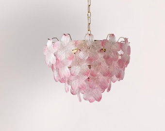 Pink Floral Glass Chandelier, French Design Pendant Light Fixture