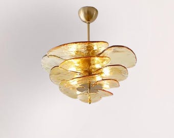 Amber Glass Lotus Leaf Chandelier, Italian Design Pendant Light Fixture