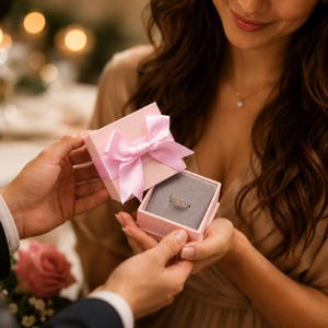 Könnte beinhalten: Eine rosa Geschenkbox mit einer Satinschleife wird geöffnet, um einen Diamantring zu enthüllen. Der Ring liegt in einer grauen Samtbox. Die Szene deutet auf einen romantischen Antrag hin. Der Hintergrund ist unscharf.